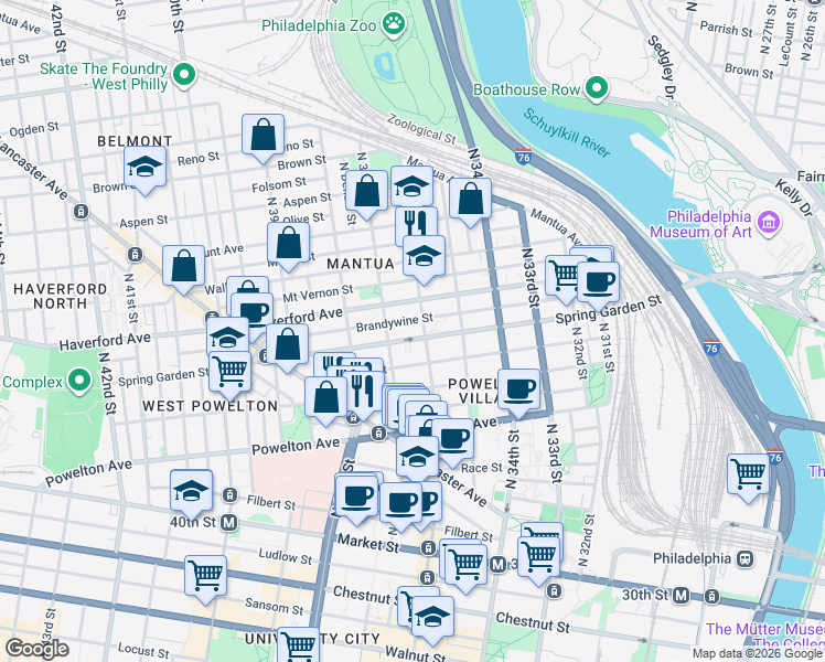 map of restaurants, bars, coffee shops, grocery stores, and more near in Philadelphia