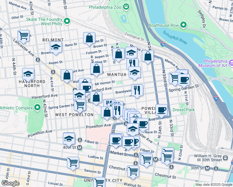 map of restaurants, bars, coffee shops, grocery stores, and more near 3732 Brandywine Street in Philadelphia