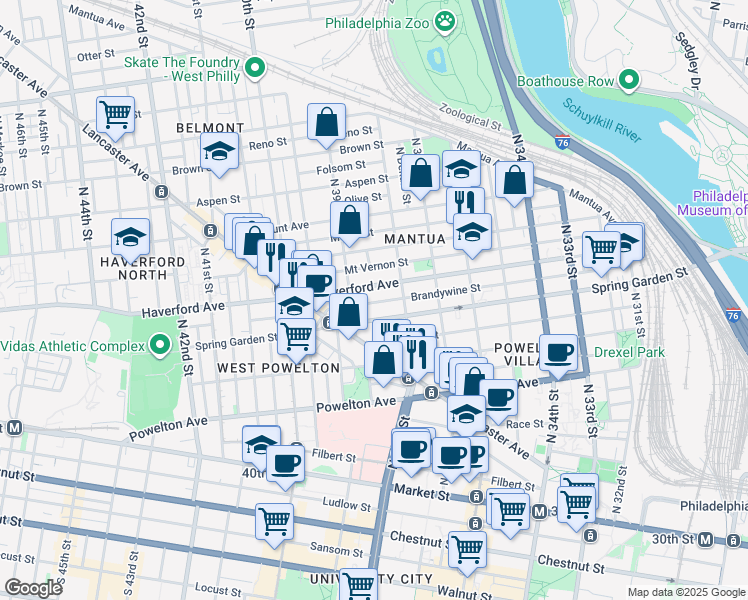 map of restaurants, bars, coffee shops, grocery stores, and more near 3819 Brandywine Street in Philadelphia
