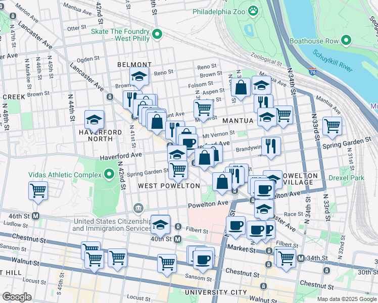 map of restaurants, bars, coffee shops, grocery stores, and more near 3940 Haverford Avenue in Philadelphia