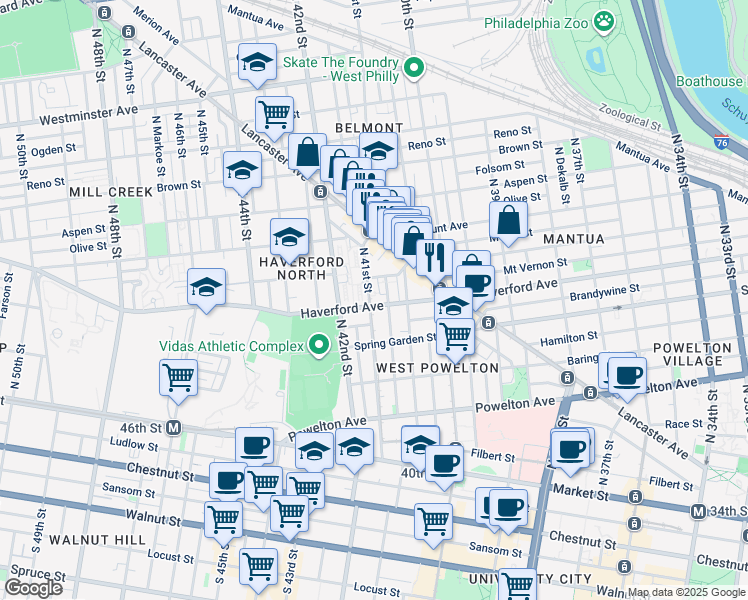 map of restaurants, bars, coffee shops, grocery stores, and more near 613A North 41st Street in Philadelphia