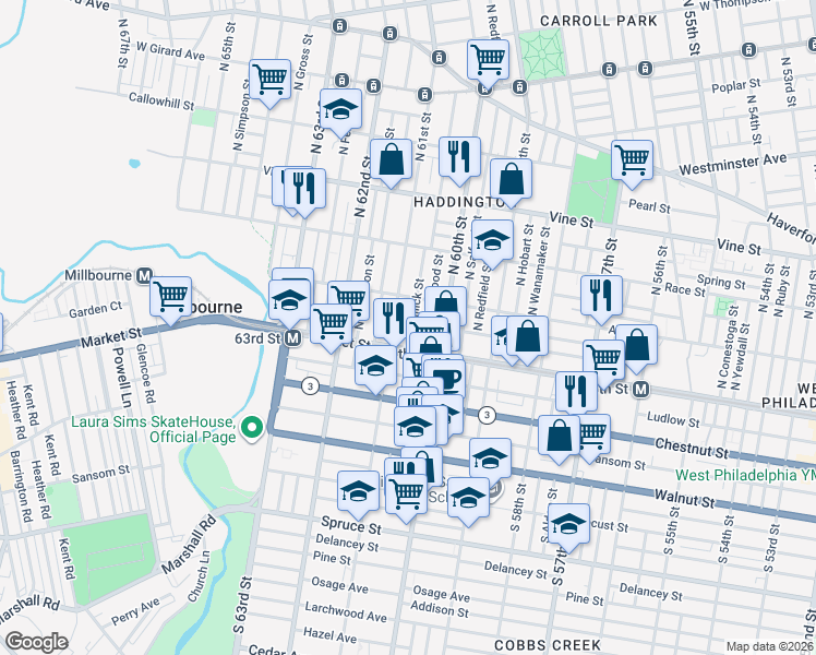map of restaurants, bars, coffee shops, grocery stores, and more near 38 North Edgewood Street in Philadelphia