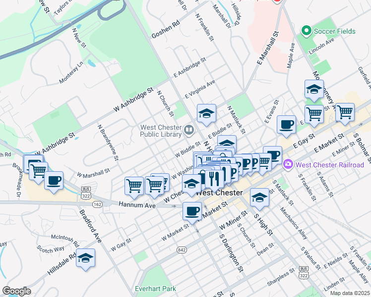 map of restaurants, bars, coffee shops, grocery stores, and more near 406 North Church Street in West Chester