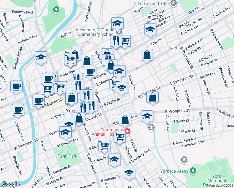 map of restaurants, bars, coffee shops, grocery stores, and more near in York