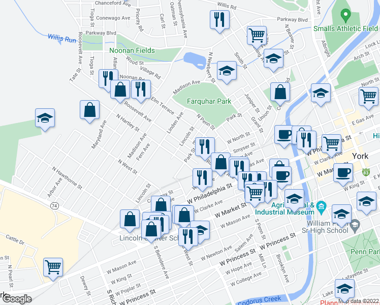 map of restaurants, bars, coffee shops, grocery stores, and more near 261 Roosevelt Avenue in York