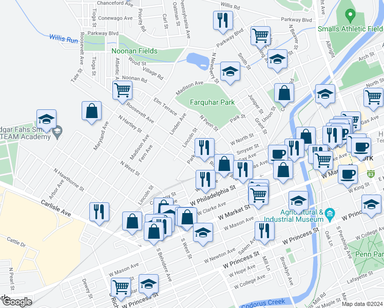 map of restaurants, bars, coffee shops, grocery stores, and more near 261 Roosevelt Avenue in York