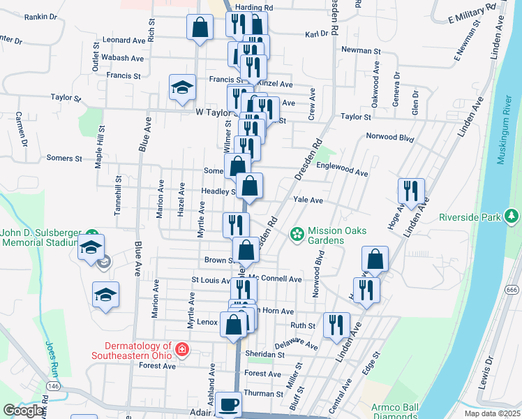 map of restaurants, bars, coffee shops, grocery stores, and more near 556 Glendale Avenue in Zanesville