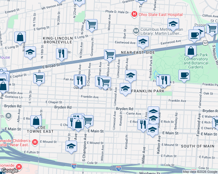 map of restaurants, bars, coffee shops, grocery stores, and more near 143 Wilson Avenue in Columbus