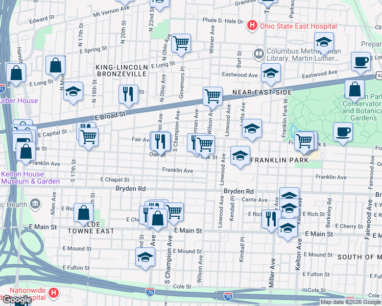 map of restaurants, bars, coffee shops, grocery stores, and more near 1200 Oak Street in Columbus