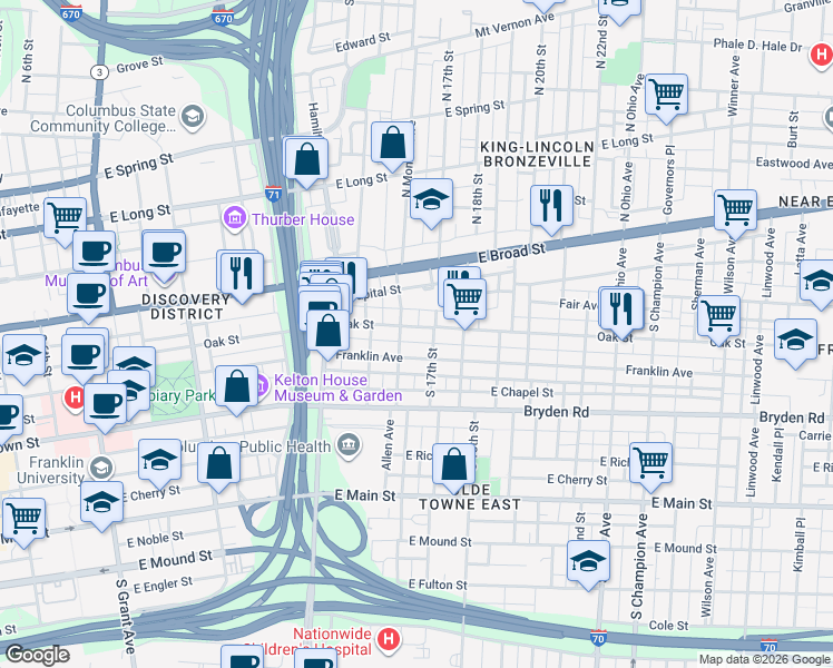 map of restaurants, bars, coffee shops, grocery stores, and more near 817 Oak Street in Columbus