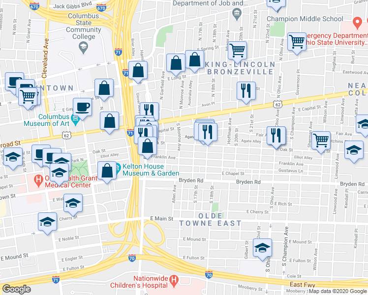map of restaurants, bars, coffee shops, grocery stores, and more near 817 Oak Street in Columbus