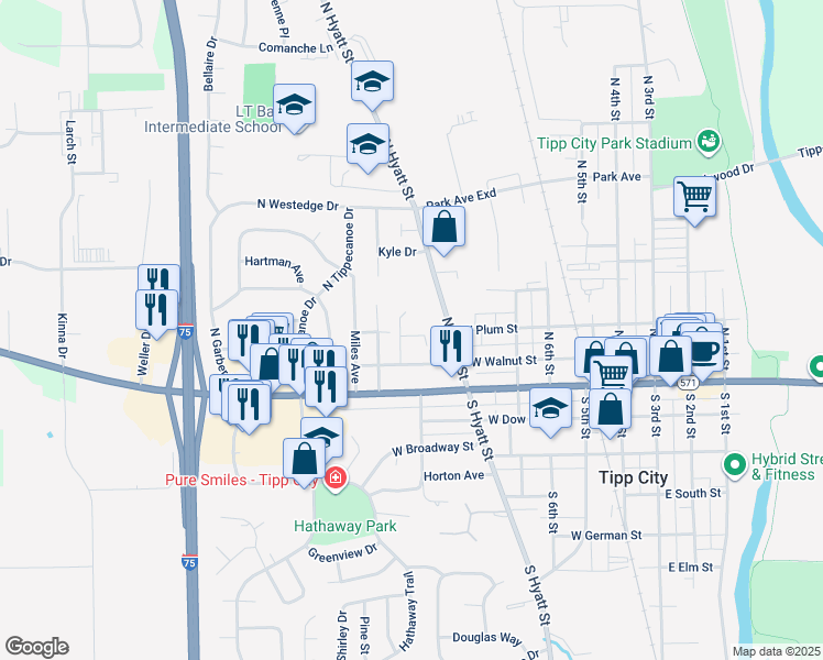 map of restaurants, bars, coffee shops, grocery stores, and more near 151 Maynard Drive in Tipp City