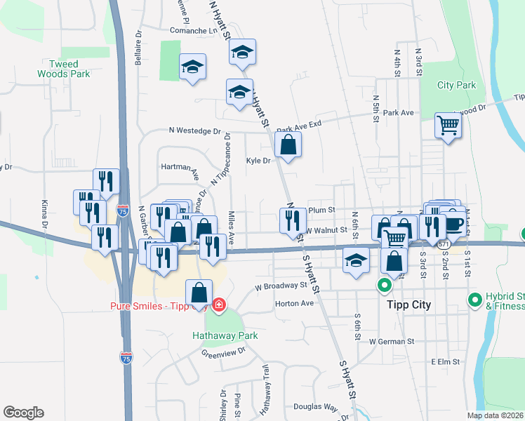 map of restaurants, bars, coffee shops, grocery stores, and more near 151 Maynard Drive in Tipp City