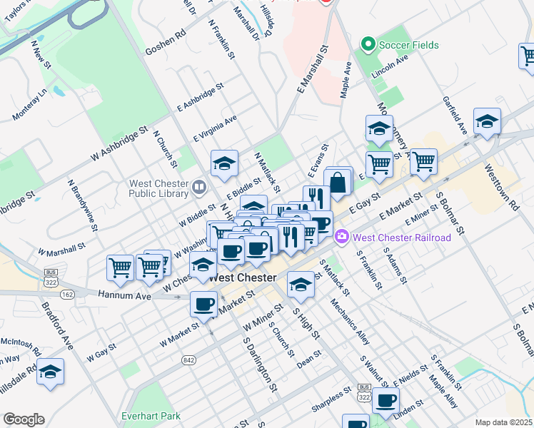 map of restaurants, bars, coffee shops, grocery stores, and more near 215 North Walnut Street in West Chester