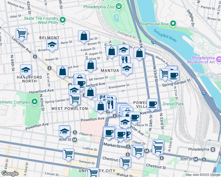 map of restaurants, bars, coffee shops, grocery stores, and more near 3726 Brandywine Street in Philadelphia