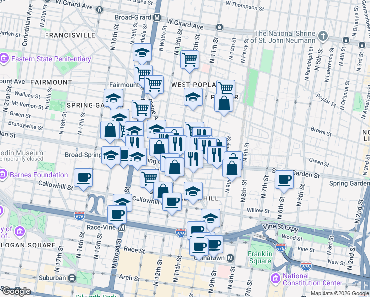 map of restaurants, bars, coffee shops, grocery stores, and more near in Philadelphia