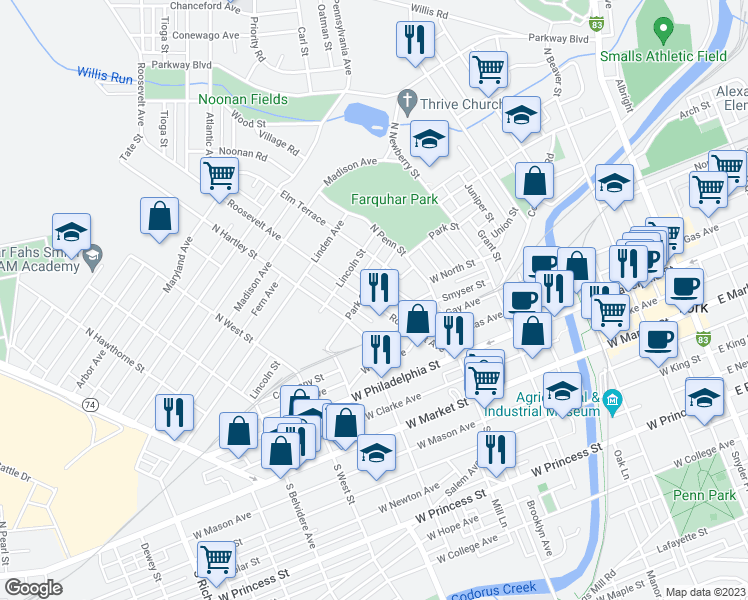 map of restaurants, bars, coffee shops, grocery stores, and more near 257 Roosevelt Avenue in York