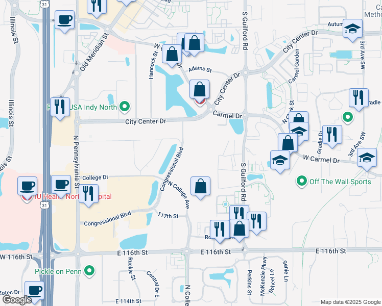 map of restaurants, bars, coffee shops, grocery stores, and more near 701 Congressional Boulevard in Carmel