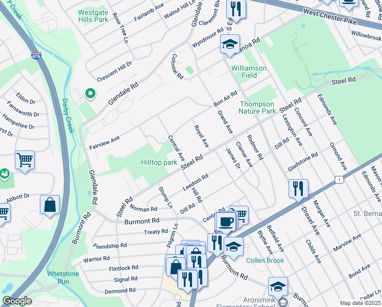 map of restaurants, bars, coffee shops, grocery stores, and more near 1250 Steel Road in Havertown