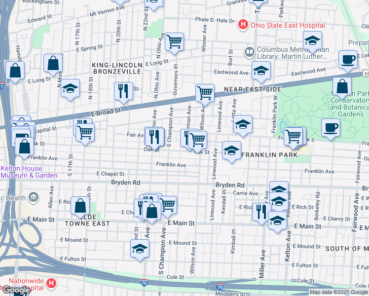 map of restaurants, bars, coffee shops, grocery stores, and more near 1200 Oak Street in Columbus