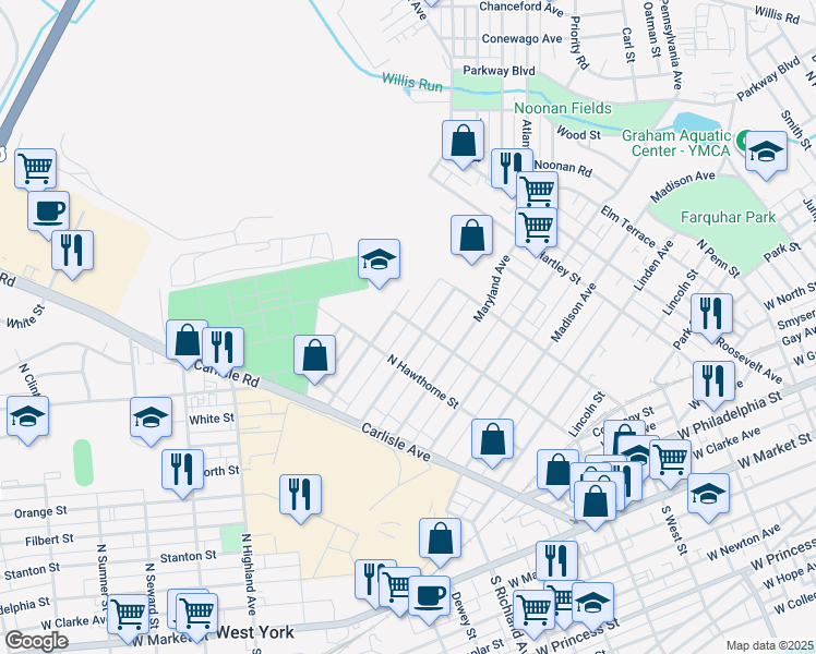 map of restaurants, bars, coffee shops, grocery stores, and more near 704 North Belvidere Avenue in York