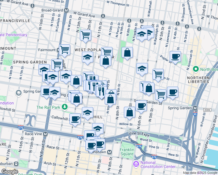 map of restaurants, bars, coffee shops, grocery stores, and more near 907 Green Street in Philadelphia