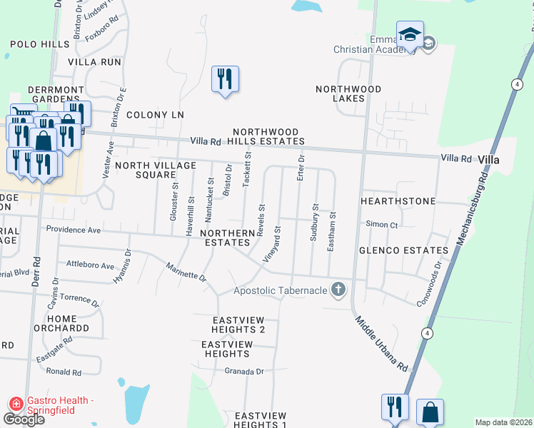 map of restaurants, bars, coffee shops, grocery stores, and more near 3222 Revels Street in Springfield
