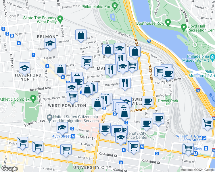 map of restaurants, bars, coffee shops, grocery stores, and more near 3722 Brandywine Street in Philadelphia