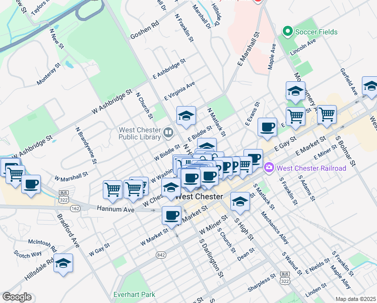 map of restaurants, bars, coffee shops, grocery stores, and more near 312 North High Street in West Chester