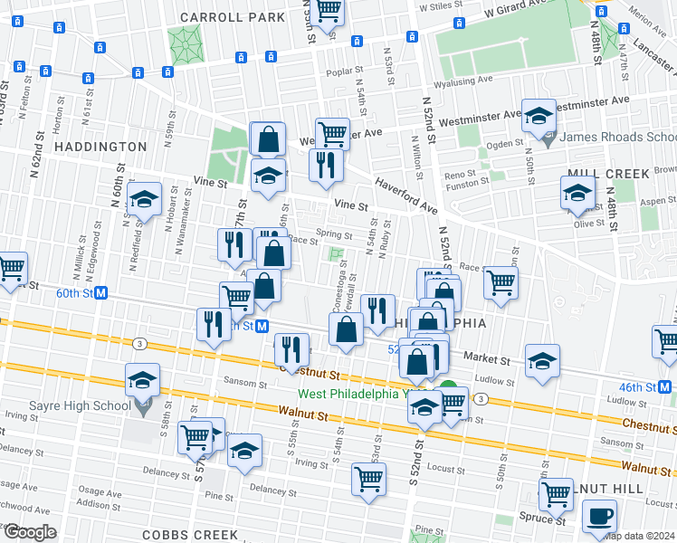 map of restaurants, bars, coffee shops, grocery stores, and more near 126 North Conestoga Street in Philadelphia