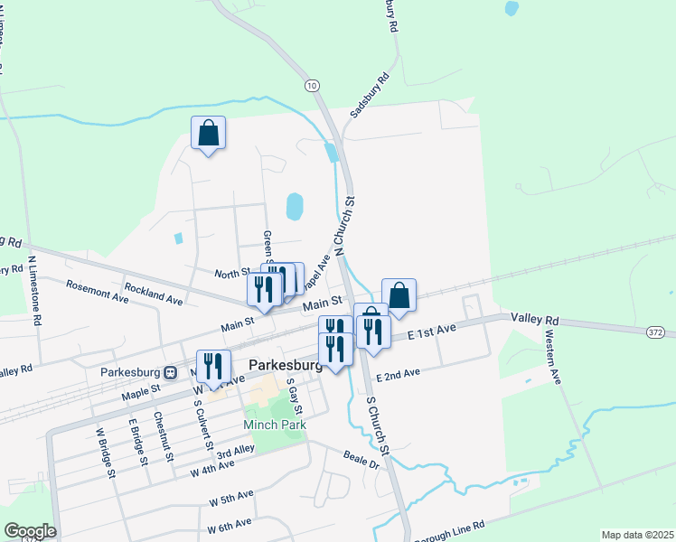 map of restaurants, bars, coffee shops, grocery stores, and more near 128 North Church Street in Parkesburg