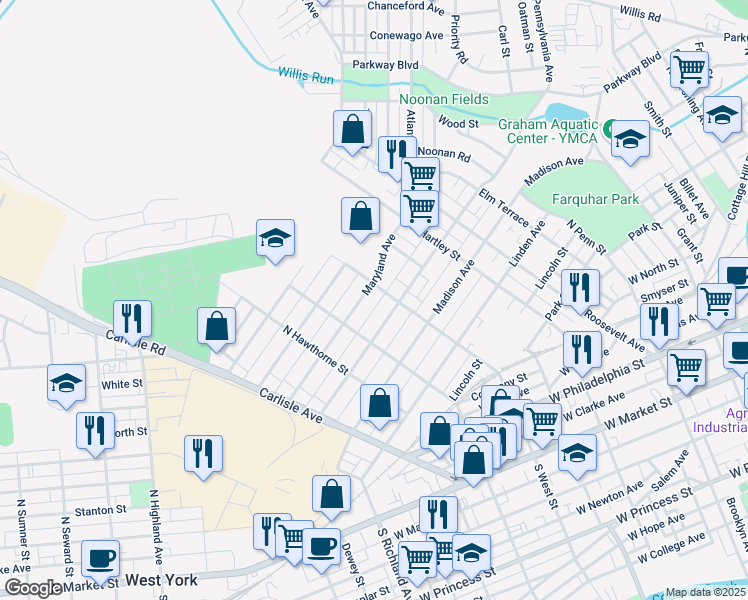 map of restaurants, bars, coffee shops, grocery stores, and more near 670 Maryland Avenue in York