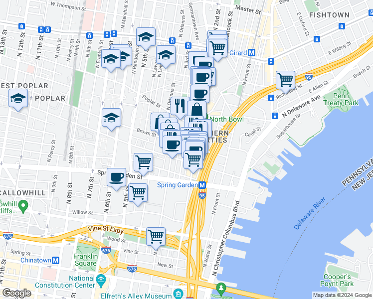 map of restaurants, bars, coffee shops, grocery stores, and more near 212 Brown Street in Philadelphia