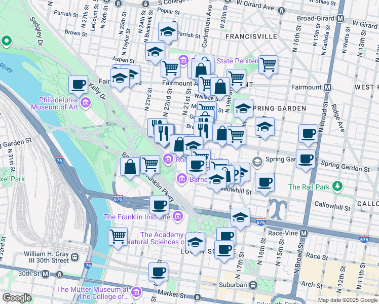 map of restaurants, bars, coffee shops, grocery stores, and more near 2001 Hamilton Street in Philadelphia