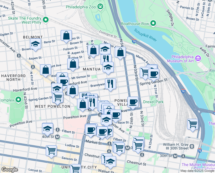 map of restaurants, bars, coffee shops, grocery stores, and more near 3601 Spring Garden Street in Philadelphia