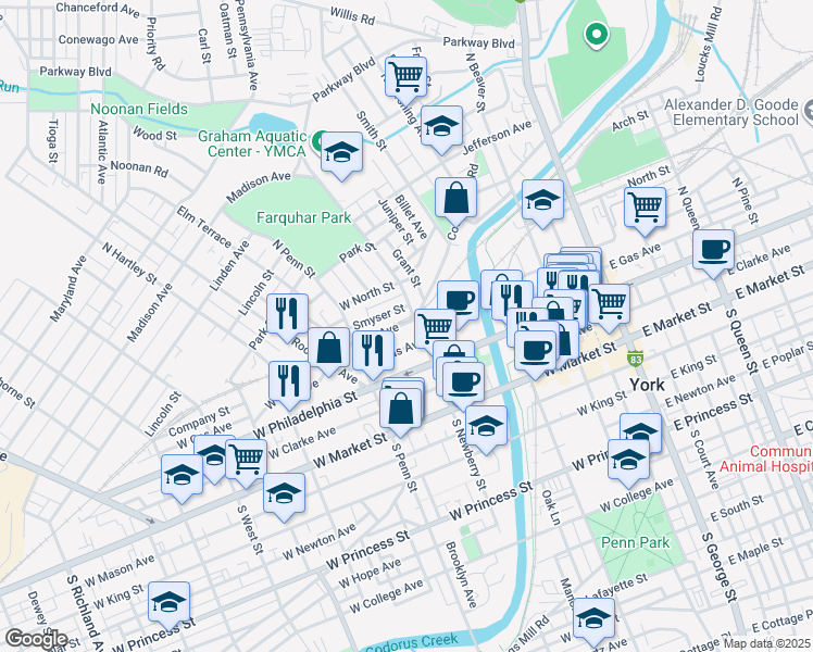 map of restaurants, bars, coffee shops, grocery stores, and more near 330 Smyser Street in York