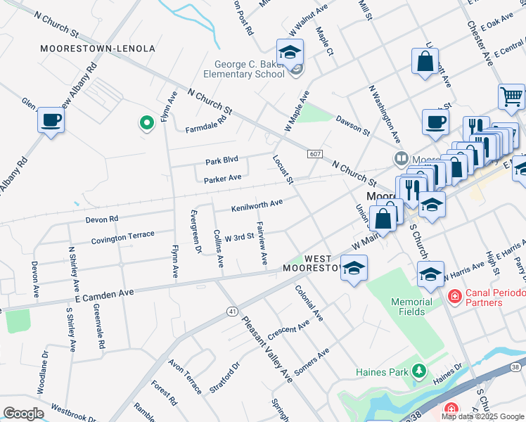 map of restaurants, bars, coffee shops, grocery stores, and more near 313 Fairview Avenue in Moorestown