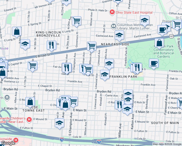 map of restaurants, bars, coffee shops, grocery stores, and more near 143 Wilson Avenue in Columbus