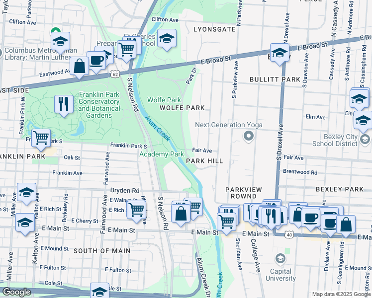 map of restaurants, bars, coffee shops, grocery stores, and more near Park Drive in Columbus