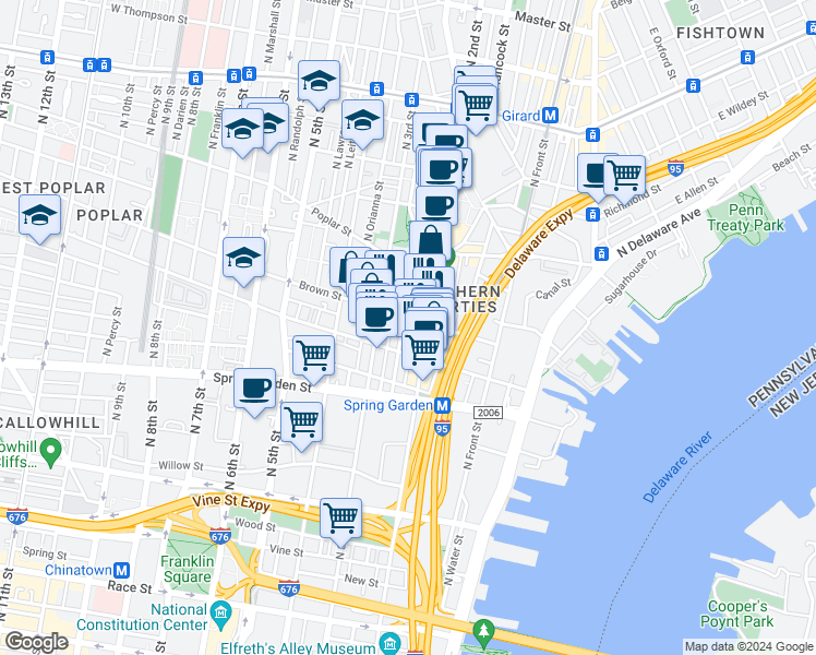 map of restaurants, bars, coffee shops, grocery stores, and more near 212 Brown Street in Philadelphia