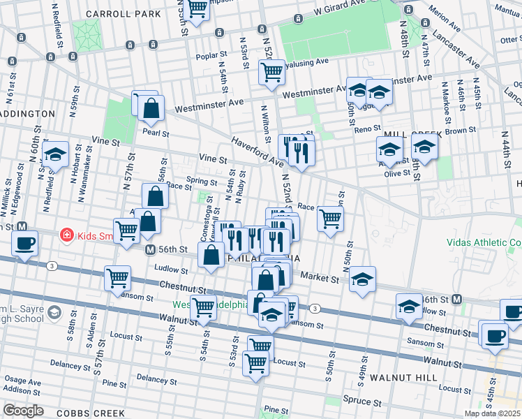 map of restaurants, bars, coffee shops, grocery stores, and more near 150 North 53rd Street in Philadelphia