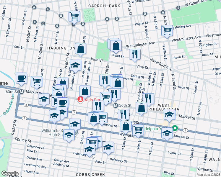 map of restaurants, bars, coffee shops, grocery stores, and more near 5637 Arch Street in Philadelphia