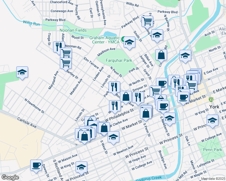 map of restaurants, bars, coffee shops, grocery stores, and more near 255 Roosevelt Avenue in York