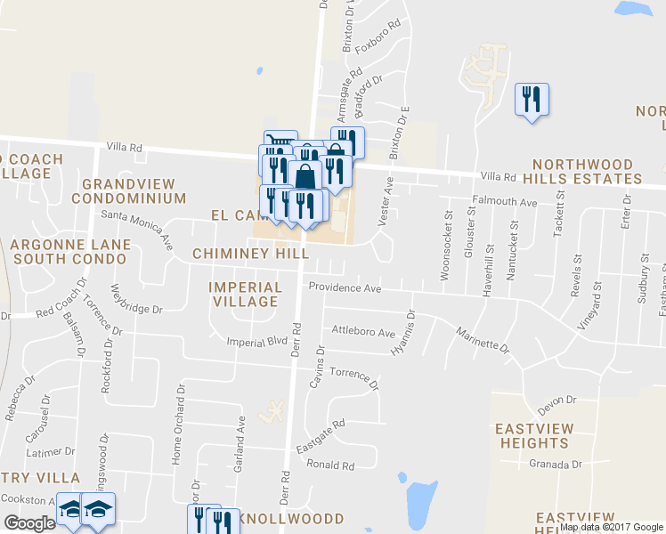 map of restaurants, bars, coffee shops, grocery stores, and more near 2810 Derr Road in Springfield