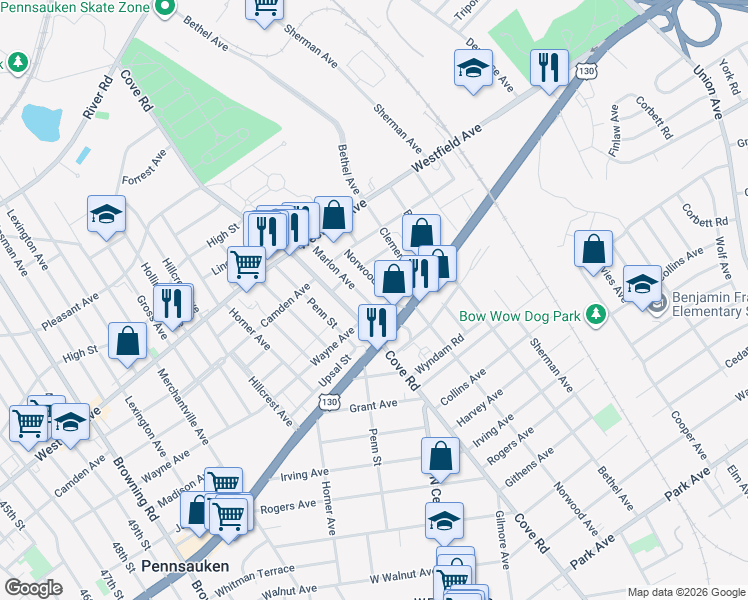 map of restaurants, bars, coffee shops, grocery stores, and more near 2286 Marlon Avenue in Pennsauken Township