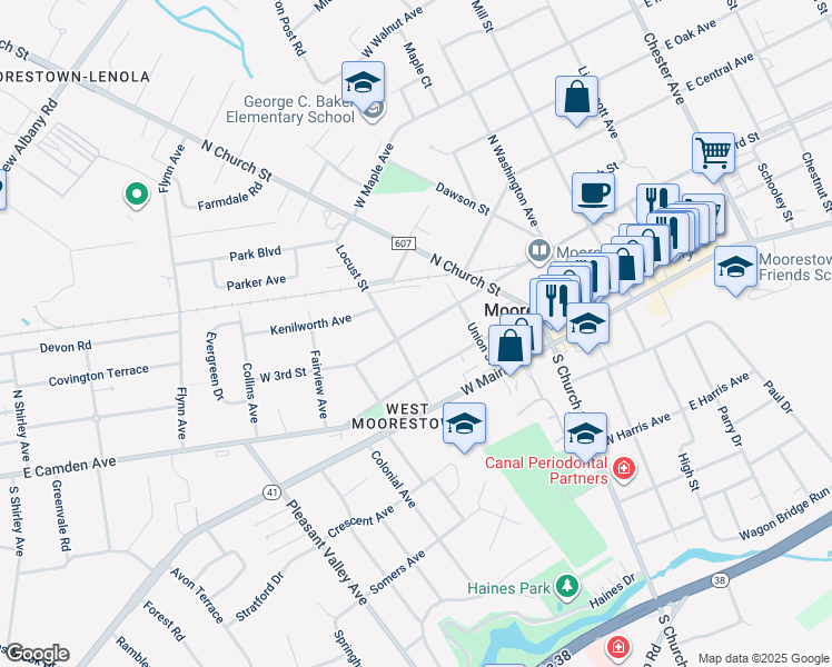 map of restaurants, bars, coffee shops, grocery stores, and more near 276 West 3rd Street in Moorestown