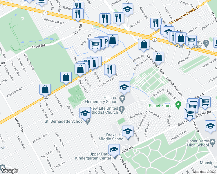 map of restaurants, bars, coffee shops, grocery stores, and more near 1132 Harding Drive in Havertown