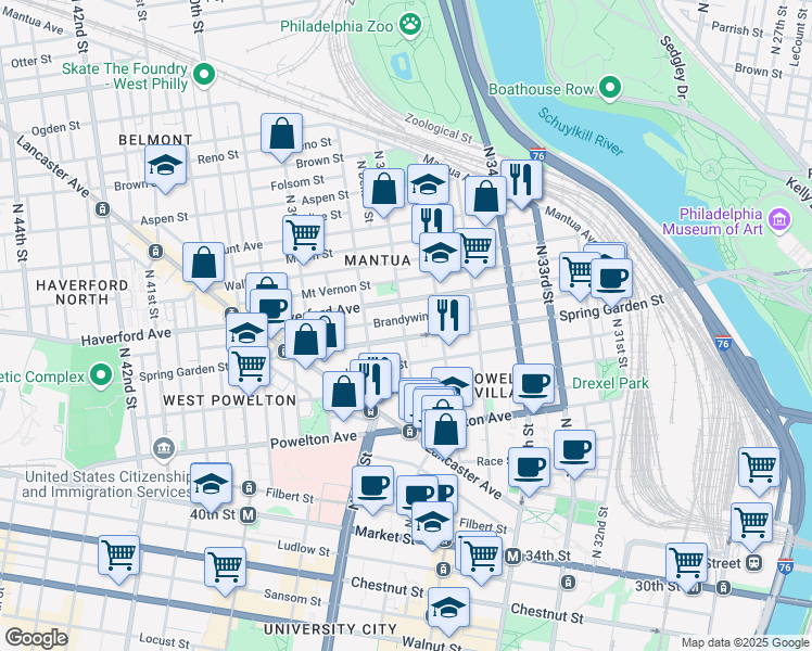 map of restaurants, bars, coffee shops, grocery stores, and more near 513 North 37th Street in Philadelphia