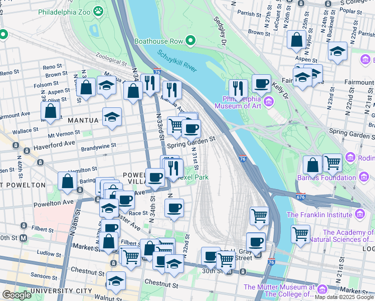 map of restaurants, bars, coffee shops, grocery stores, and more near 427 North Napa Street in Philadelphia