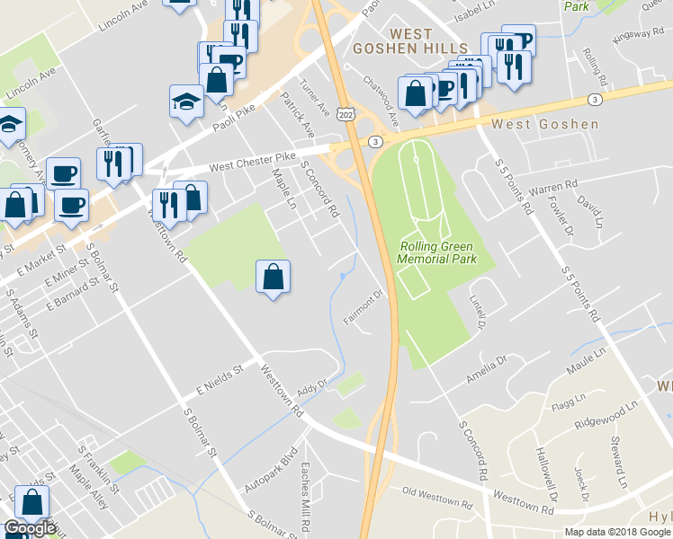 map of restaurants, bars, coffee shops, grocery stores, and more near 894 Justin Lane in West Chester